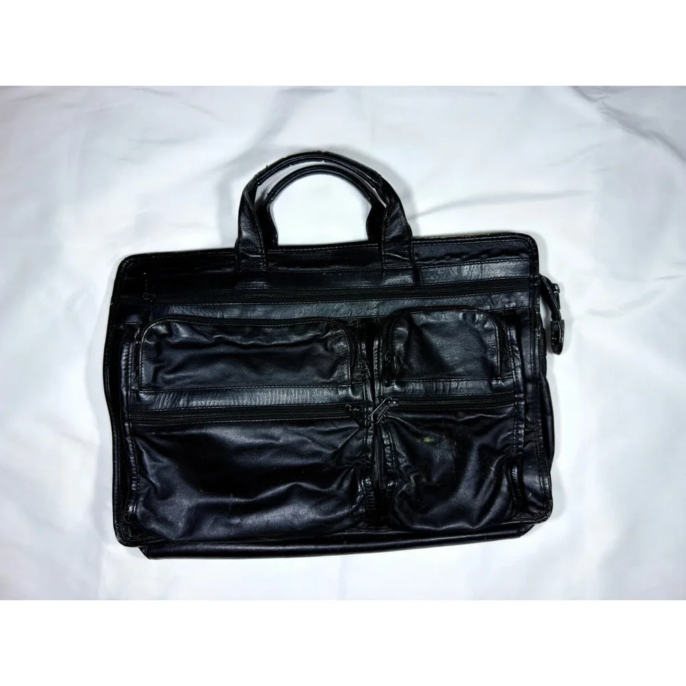 TUMI Genuine Leather Black Briefcase Laptop Business Travel Bag Organizer